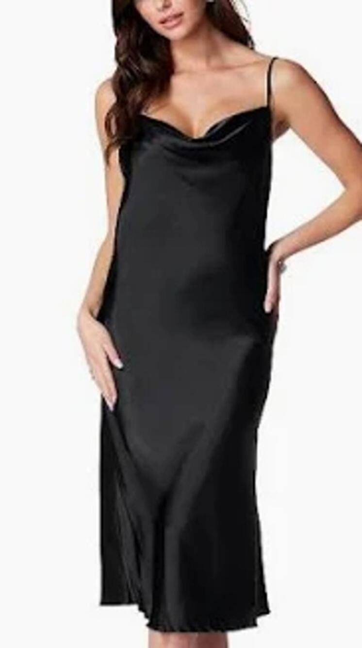 Bebe Satin Cowl Neck Slip Midi Dress Adjustable Holiday LBD Sexy